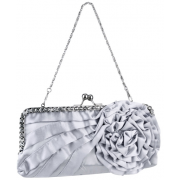 Blossom Flower Rhinestones Decor Kiss Clasp Closure Soft Mini Evening Bag Clutch Handbag Purse Baguette Shoulder Bag w/2 Chain Straps Silver - Hand bag - $22.50 