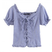 Blue Plaid Retro Puff Sleeve Strap with - Košulje - kratke - $25.99  ~ 165,10kn