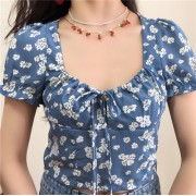 Blue Printed Trendy Square Collar Shirt Gentle Tie Blouse - Koszule - krótkie - $25.99  ~ 22.32€