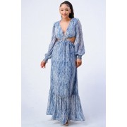 Blue Printed V Neck Self Belted Side Cut Out Ruffled Maxi Dress - Dresses - $68.75 