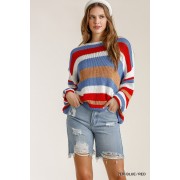 Blue/ Red Stripe Round Neck Long Sleeve Knit Sweater - Pullovers - $41.25 