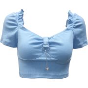 Blue exposed navel skinny chain top female short-sleeved fungus elastic T-shir - Shirts - $23.99 