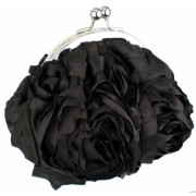 Bouquet Roses Rosette Handmade Satin Clasp Evening Bag, Clutch Baguette Handbag Purse w/2 Detachable Chains Black - Hand bag - $39.99 