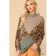 Brown Mix Solid And Animal Print Mixed Knit Turtleneck Top With Long Sleeves - Long sleeves shirts - $31.24 