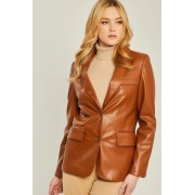 Brown Pu Woven Solid Blazer - Jacket - coats - $49.50 