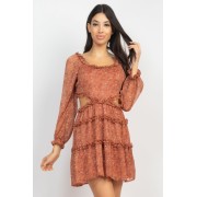 Brown Ruffled Cutout Ditsy Floral Dress - Dresses - $31.90 