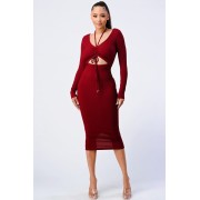 Burgundy Trendy Front Shirring Cut-out Long Sleeved Dress - Dresses - $56.10 