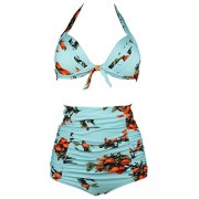 COCOSHIP 50s Retro Tie Front Bikini Set Floral Print Halter High Waist Ruched Swimsuit(FBA) - Swimsuit - $22.99 