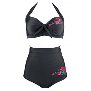 COCOSHIP Retro Sporty High Waisted Embroidery Floral Two Piece Vintage Bikini Swimsuit(FBA) - Swimsuit - $19.99 