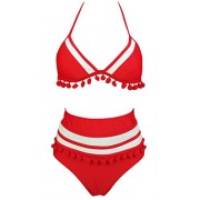 COCOSHIP Women's Mesh Striped High Waist Bikini Set Tassel Trim Top Halter Straps Swimsuit(FBA) - Swimsuit - $24.99 