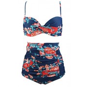 COCOSHIP Women's Retro Floral High Waisted Bikini Set Twist Top Vintage Ruched Swimsuit(FBA) - Swimsuit - $25.99 