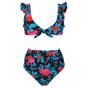 COCOSHIP Women's Retro Floral High Waisted Shirred Bikini Set Tie Front Closure Top Ruffle Swimsuit(FBA) - Swimsuit - $25.99 