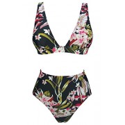 COCOSHIP Women's Retro Lush Floral High Waisted Bikini Set Deep V-Neckline Top Concise Swimsuit(FBA) - Swimsuit - $25.99 