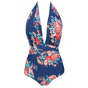 COCOSHIP Women's Retro One Piece Deep V Backless Bather Swimsuit Tiered High Waist Pin Up Swimwear(FBA) - Swimsuit - $19.99 