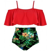 COCOSHIP Women's Ruffled Bikini Set Off Shoulder Flounce Falbala Top Tiered Ruched High Waist Swimsuit(FBA) - Swimsuit - $26.99 
