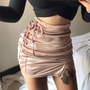 Champagne satin irregular lace slit skirt - Skirts - $35.99 