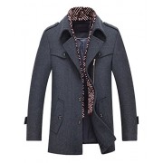 Chartou Men's Classic Notched Collar Single Breasted Military Wool Blend Peacoat with Scarf - Outerwear - $65.90 