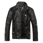 Chartou Men's Distressed Full-Zip Stand Collar Fleece-Lined Pu Faux Leather Jacket - Outerwear - $54.90 