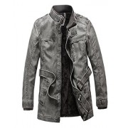 Chartou Men's Vintage Zip-up Fleeced Mid-Long Slim Leather Jacket Outwear with Belt - Outerwear - $58.99 