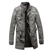 Chartou Men's Vintage Zip-up Fleeced Mid-Long Slim Leather Jacket Outwear with Belt - Outerwear - $58.99  ~ 50.67€