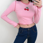 Cherry Embroidered Contrast T-Shirt - Рубашки - короткие - $19.99  ~ 17.17€