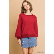 Cherry Red Puff Sleeve Boat Neck Sweater - Puloverji - $43.45  ~ 37.32€