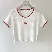 Cherry small embroidery lace soft knit summer cool slim short girl top - Рубашки - короткие - $19.99  ~ 17.17€