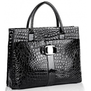 Chic Black MAXX Crocodile Print PU Patent Leather Office Tote Top Handle Satchel Handbag Briefcase Purse - Hand bag - $25.99 