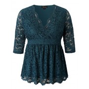 Chicwe Women's Plus Size V Neck Stretch Lined Scalloped Lace Peplum Top - Casual and Work Blouse - 半袖シャツ・ブラウス - $61.00  ~ ¥6,865
