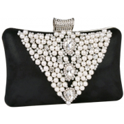 Classic Pearl Beads Brooches Rhinestone Encrusted Latch Hard Case Clutch Baguette Evening Bag Handbag Purse w/2 Chain Straps Black - Hand bag - $35.50 