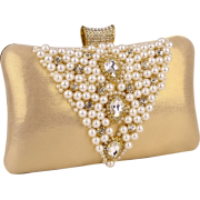 Classic Pearl Beads Brooches Rhinestone Encrusted Latch Hard Case Clutch Baguette Evening Bag Handbag Purse w/2 Chain Straps Gold - Clutch bags - $35.50 