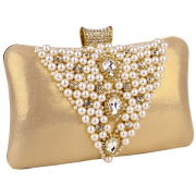 Classic Pearl Beads Brooches Rhinestone Encrusted Latch Hard Case Clutch Baguette Evening Bag Handbag Purse w/2 Chain Straps Gold - Hand bag - $35.50 