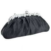 Classic Princess Rhinestone Flowers Pleated Soft Satin Framed Clutch Baguette Evening Bag Handbag Purse w/2 Hidden Shoulder Chains Black - Hand bag - $42.50 