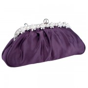 Classic Princess Rhinestone Flowers Pleated Soft Satin Framed Clutch Baguette Evening Bag Handbag Purse w/2 Hidden Shoulder Chains Purple - Hand bag - $42.50 