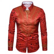 Cloudstyle Mens Dashiki Button Down Slim Fit African Ethnic Printed Long Sleeve Dress Shirt - Shirts - $14.99 