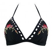 Cocoship Women's Sakura Floral Embroidery Bikini Top Molded Soft Cup Halter Swim Tankinis(FBA) - Swimsuit - $15.99 