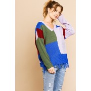 Color Blocked Long Sleeve V-neck Knit Pullover Sweater - Pullovers - $41.25 