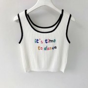 Colorful letter embroidery sweet knitted sleeveless vest cool short slim girl to - Shirts - $19.99 
