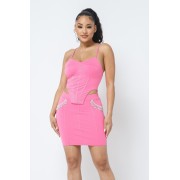 Cropped Top With Matching Rhinestone Pocket Detail Mini Skirt - Dresses - $45.10 