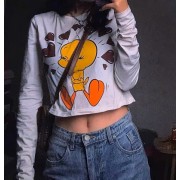 Cute Little Yellow Duck Cartoon Print Top With Navel Short Round Neck Long Sleev - Camicie (corte) - $25.99  ~ 22.32€