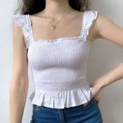 Cute flying sleeve white camisole female full body pleated short ruffled top - Camicie (corte) - $26.99  ~ 23.18€