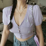 Daisy Embroidery Short Sleeve T-Shirt Sexy Purple V-Neck Cardigan - Рубашки - короткие - $25.99  ~ 22.32€