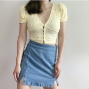Daisy embroidered T-shirt high waist exposed navel short sleeves - Košulje - kratke - $25.99  ~ 165,10kn