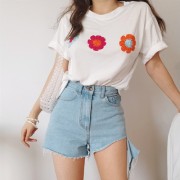 Decorative short-sleeved T-shirt round neck wool flower - Shirts - $25.99 