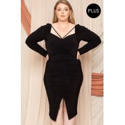 Deep Round Neck Shirring Detailed Back Plus Size Dress - sukienki - $53.90  ~ 46.29€