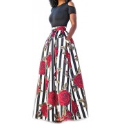 Delcoce Women's Sexy Two-Piece Floral Print Pockets Long Party Skirts Dress S-2XL - Dresses - $29.90 
