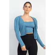 Denim Geometric Cami Puff Sleeves Blazer Top Set - Kurtka - $23.65  ~ 20.31€
