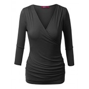 Doublju 3/4 Sleeve Fitted Deep V-Neck Surplice Tops for Women with Plus Size - Top - $19.99 