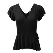 Doublju Deep V-Neck Surplice Ruffle Blouse Cross Wrap Tops for Women with Plus Size (Made in USA) - Top - $21.99 