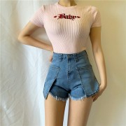 Embroidered Letter T-Shirt Round Neck Wild Fashion Knit Short Sleeve Top - Рубашки - короткие - $25.99  ~ 22.32€